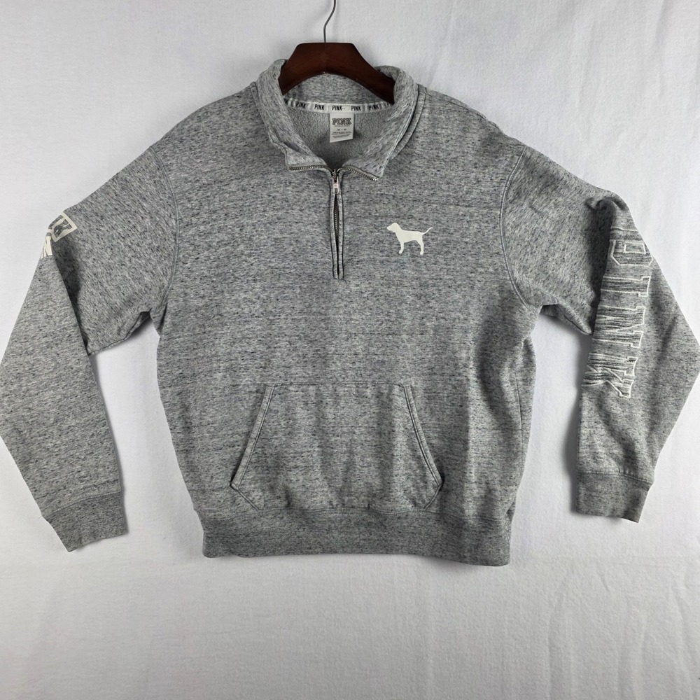 Pink Victoria's Secret Womens Medium Gray Quarter Zip Pullover Sweatshirt Logo